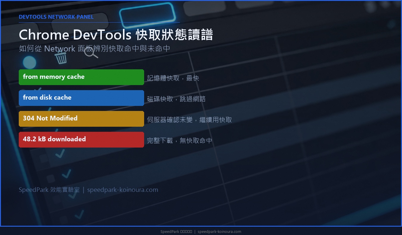 Chrome DevTools Network 面板快取狀態識別：from memory cache、from disk cache、304 Not Modified