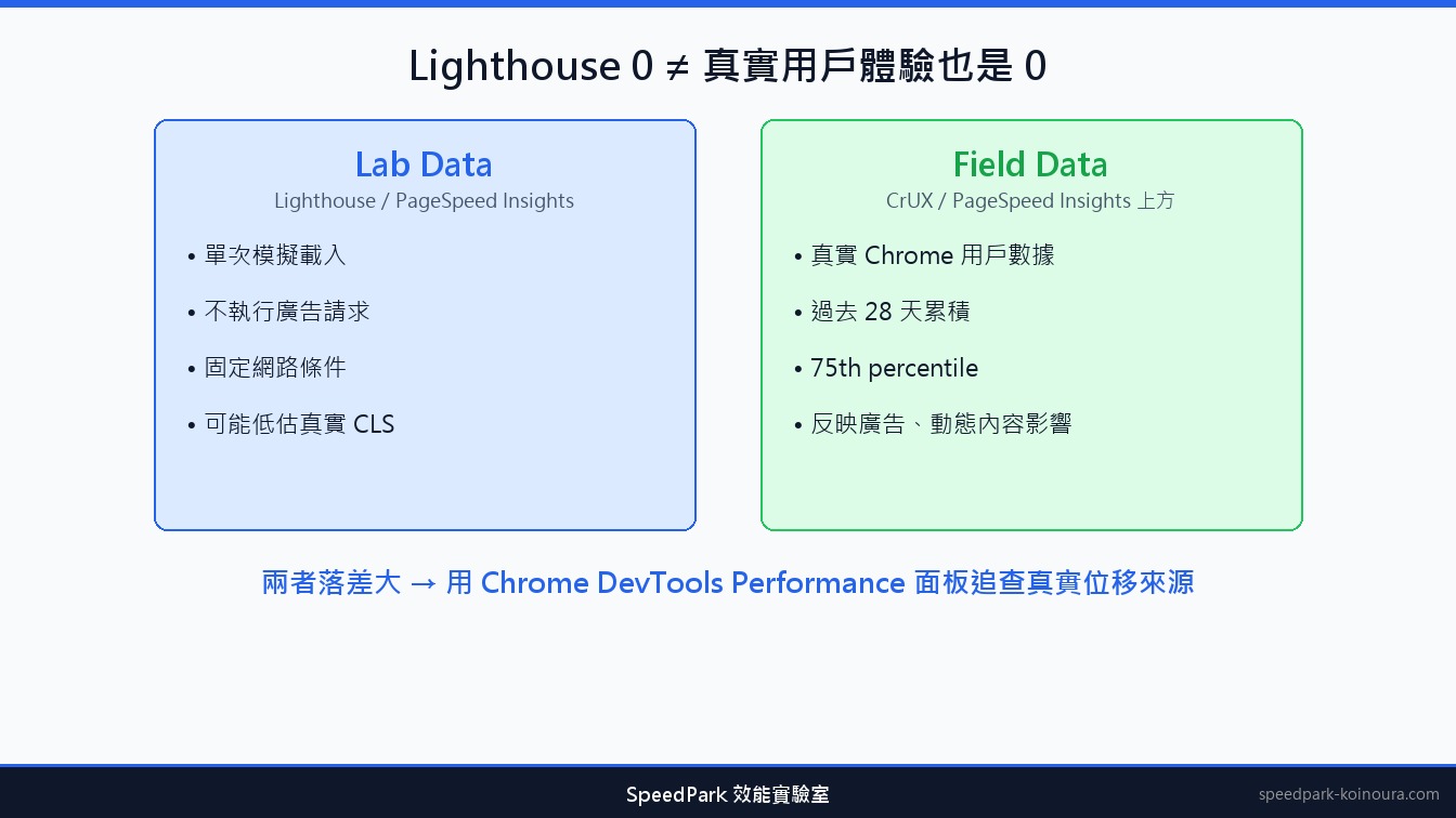 Lighthouse Lab Data 與 CrUX Field Data 的差異比較