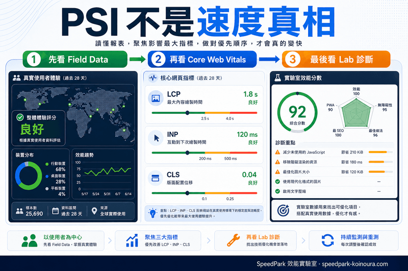 PageSpeed Insights 怎麼看？從分數、Core Web Vitals 到修復順序的完整讀法